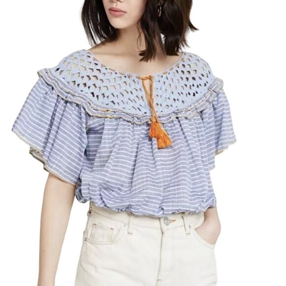 Free People Tops - Free People S Womens Blue Allora Striped Blouse Crochet Detail Peasant Boho